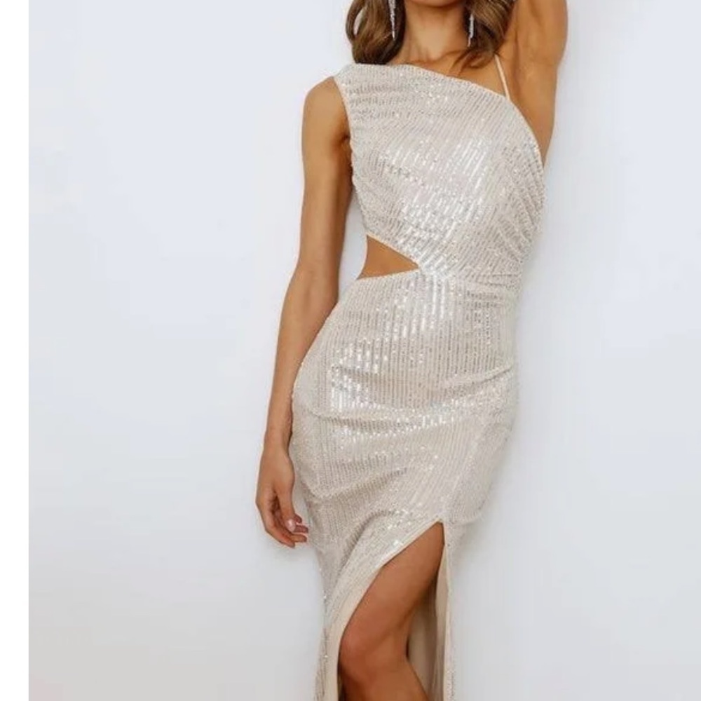 Altar’d State Champagne Gold Sequin Cutout Midi Gatsby Dress